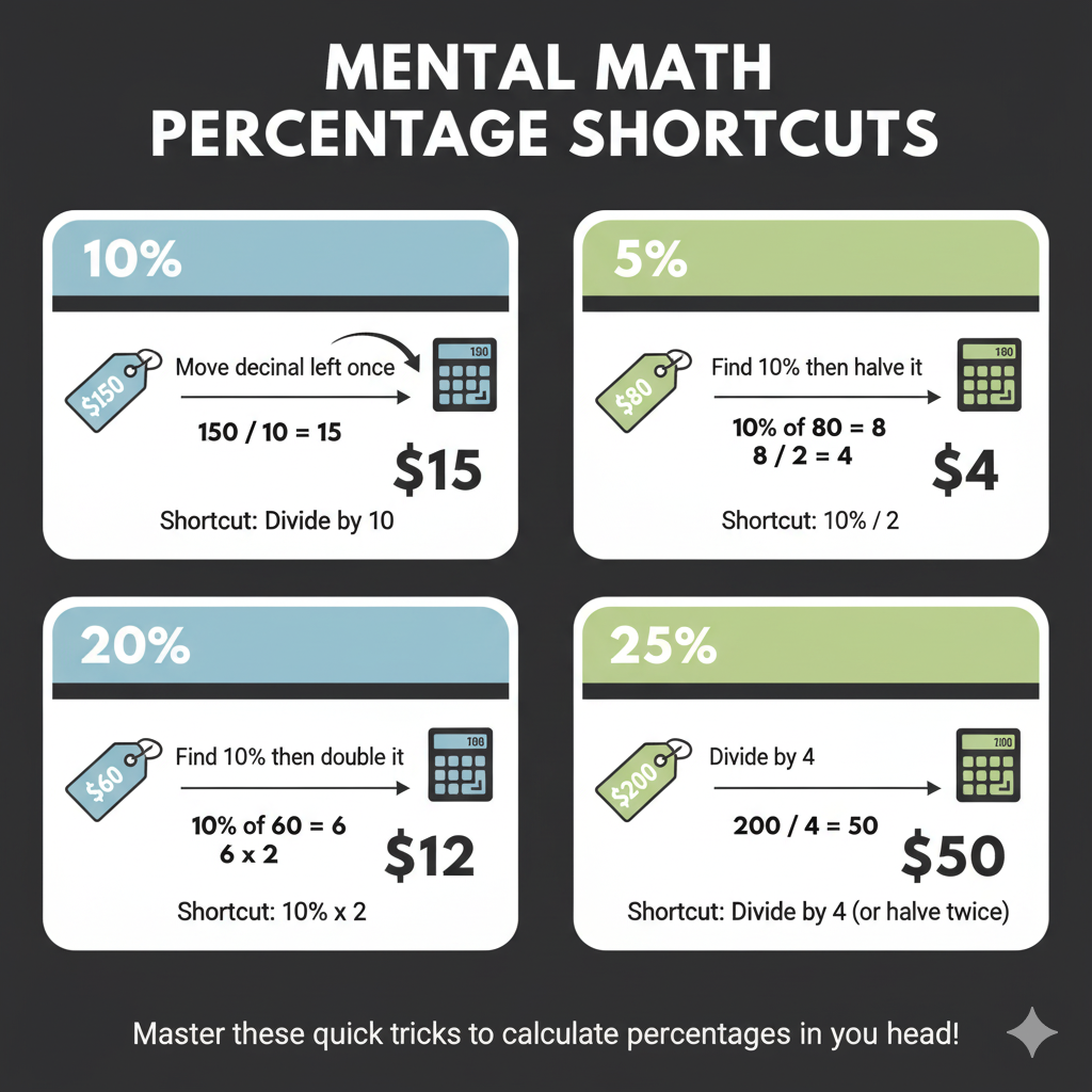 Infographic showing mental math shortcuts for common percentages with visual examples